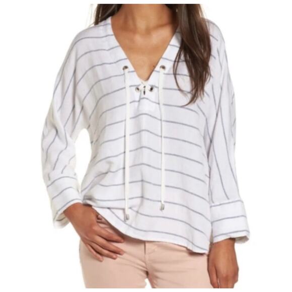 Rails Lily Positano Stripe Linen Tunic Top Size XS White Blue Stripes Flowy - Picture 1 of 11